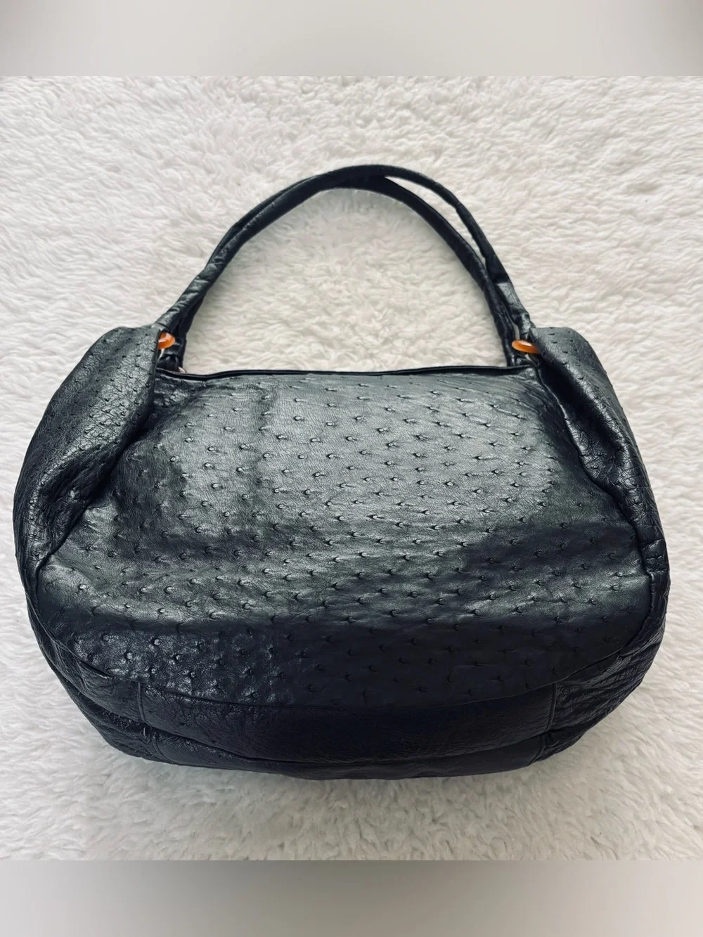 Vintage Black Genuine Ostrich Skin Leather Large Satchel Bag Size 13”x11”x7”